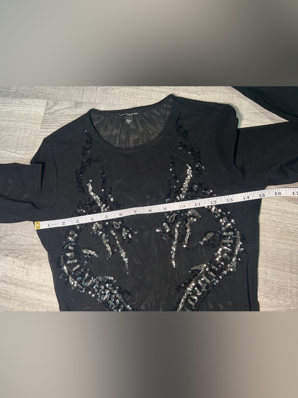 GUESS Black Sheer Long Sleeve Sequin |Dragon Mesh Bodysuit - Picture 5 of 10